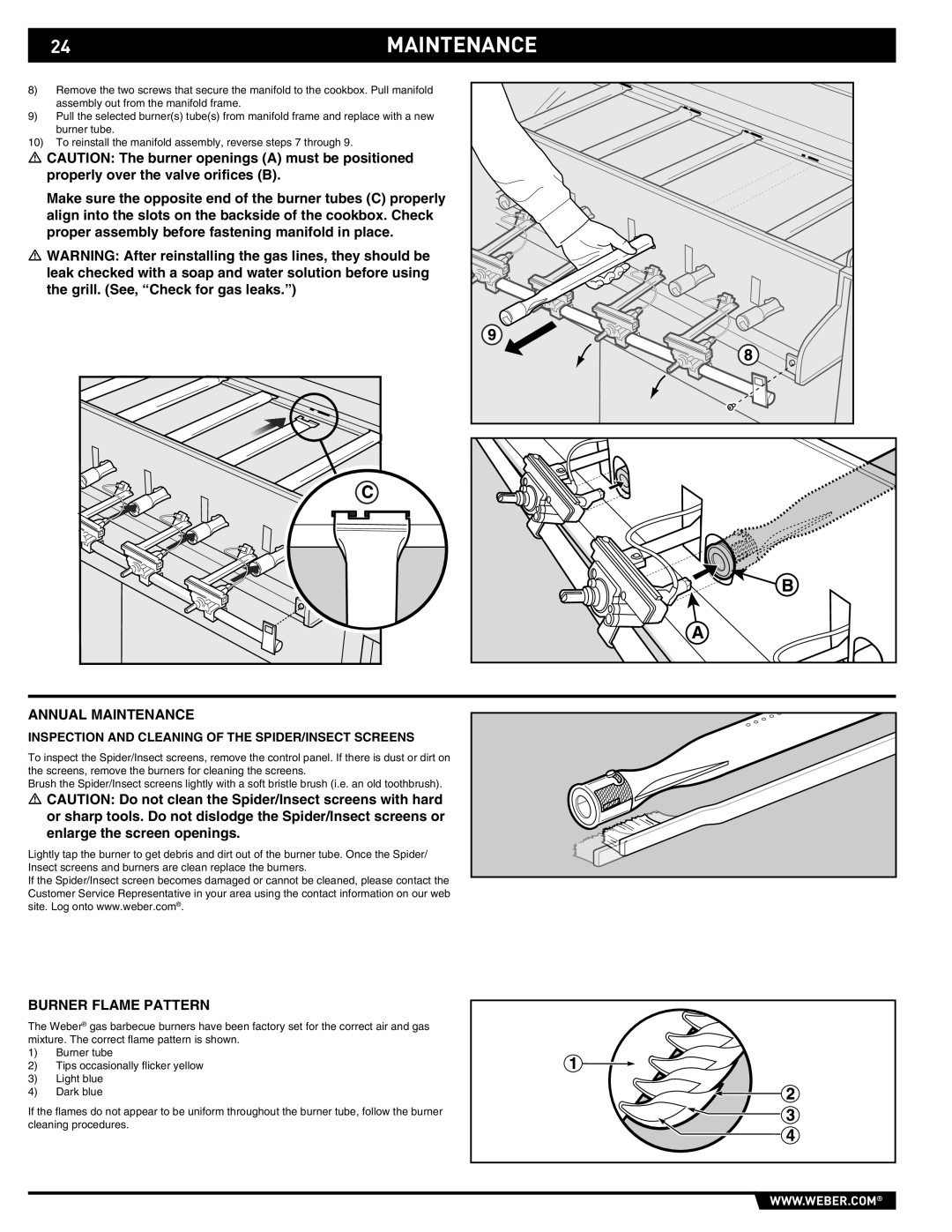 Weber 43143 24MAINTENANCE, Annual Maintenance, Burner Flame Pattern, Inspection and Cleaning of the SPIDER/INSECT Screens 