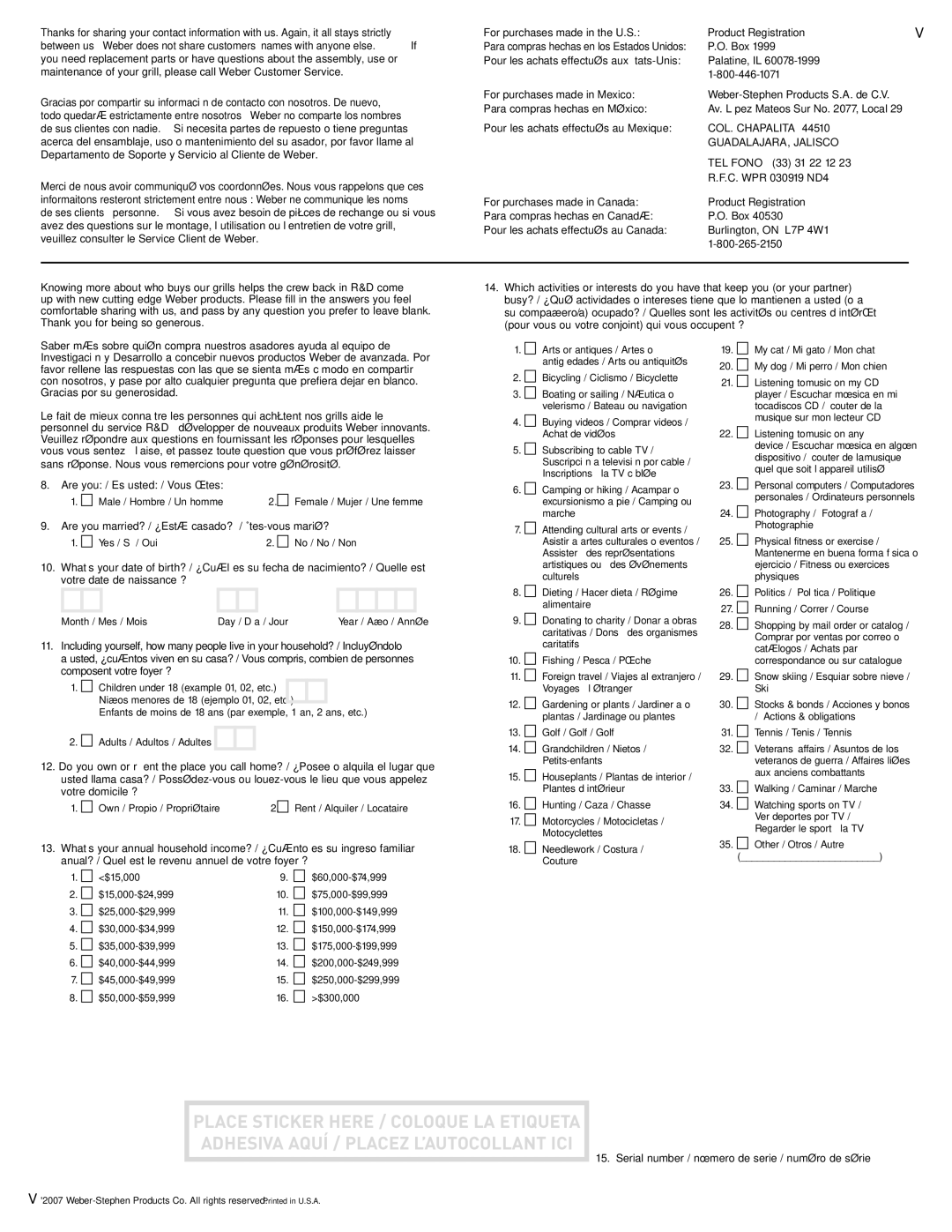 Weber 43143 manual For purchases made in the U.S 