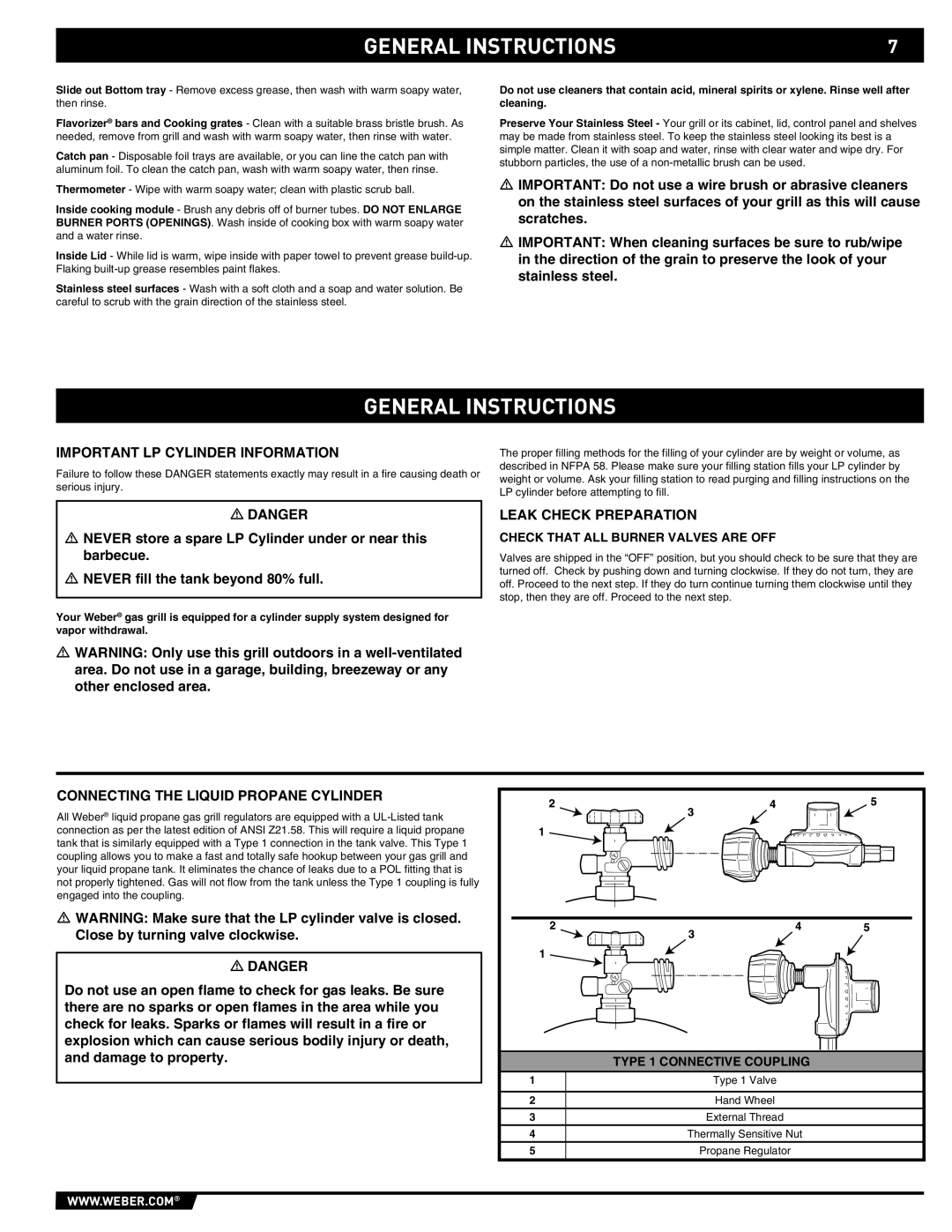 Weber 43143 manual General Instructions, Important LP Cylinder Information, Leak Check Preparation 