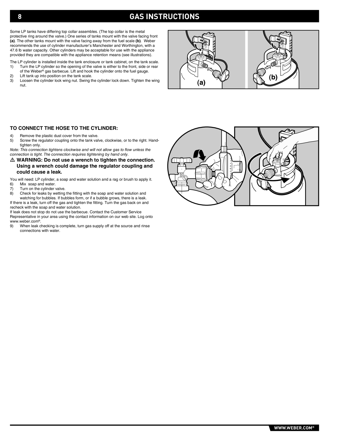 Weber 43143 manual GAS Instructions, To Connect the Hose to the Cylinder 