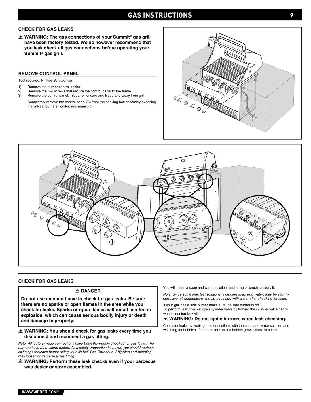 Weber 43143 manual Check for GAS Leaks Remove Control Panel 