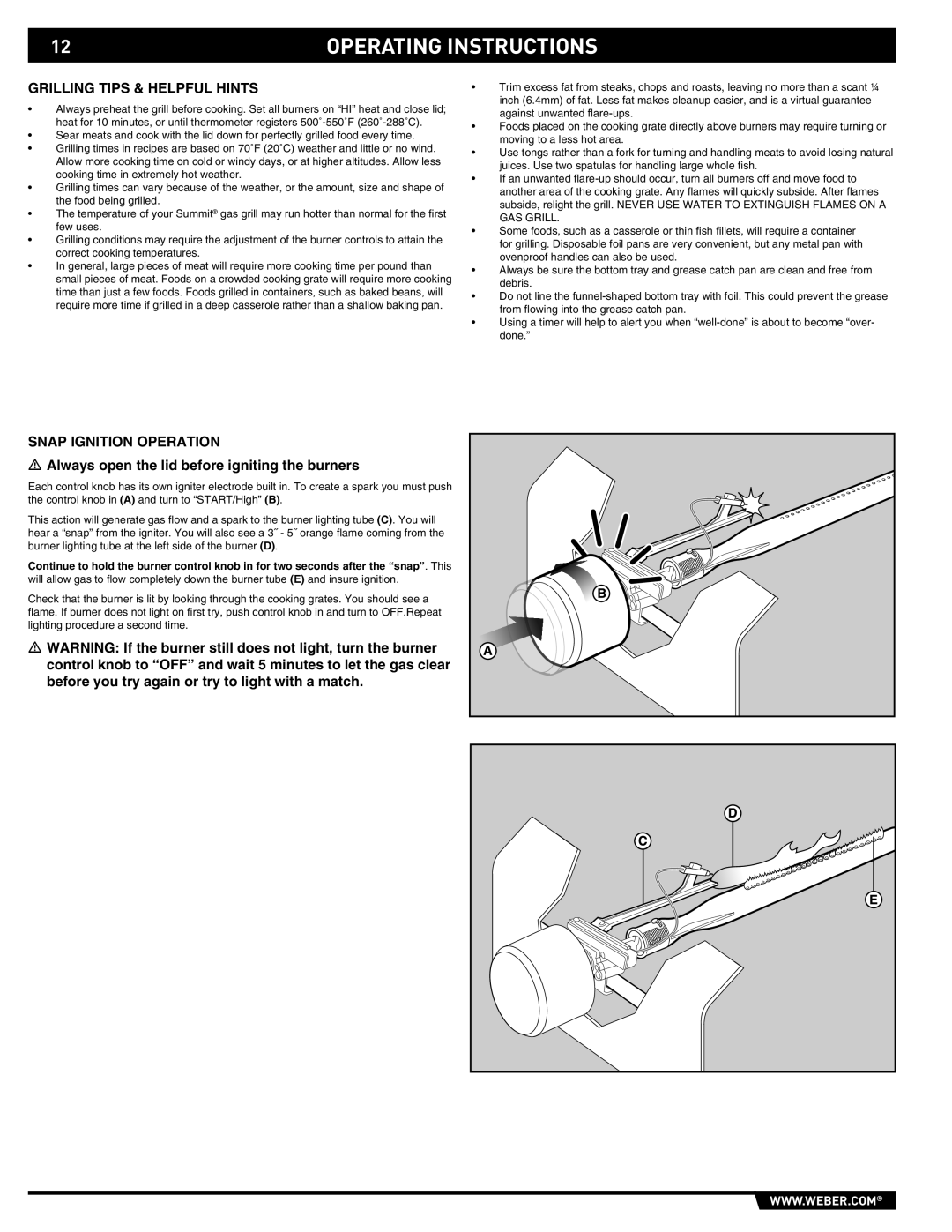 Weber 43146 manual Grilling Tips & Helpful Hints, Snap Ignition Operation 