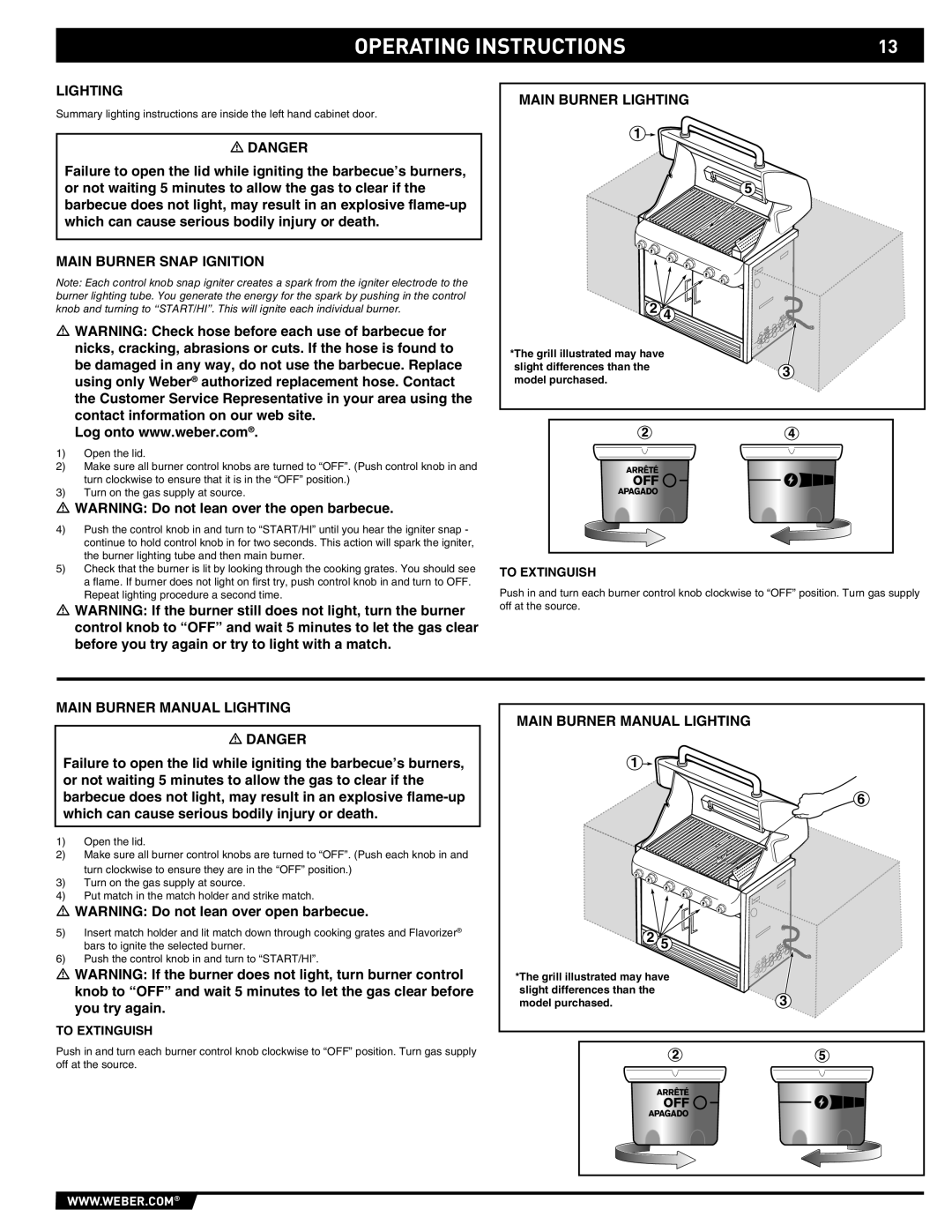 Weber 43146 manual Main Burner Snap Ignition, Main Burner Lighting, Main Burner Manual Lighting, To Extinguish 