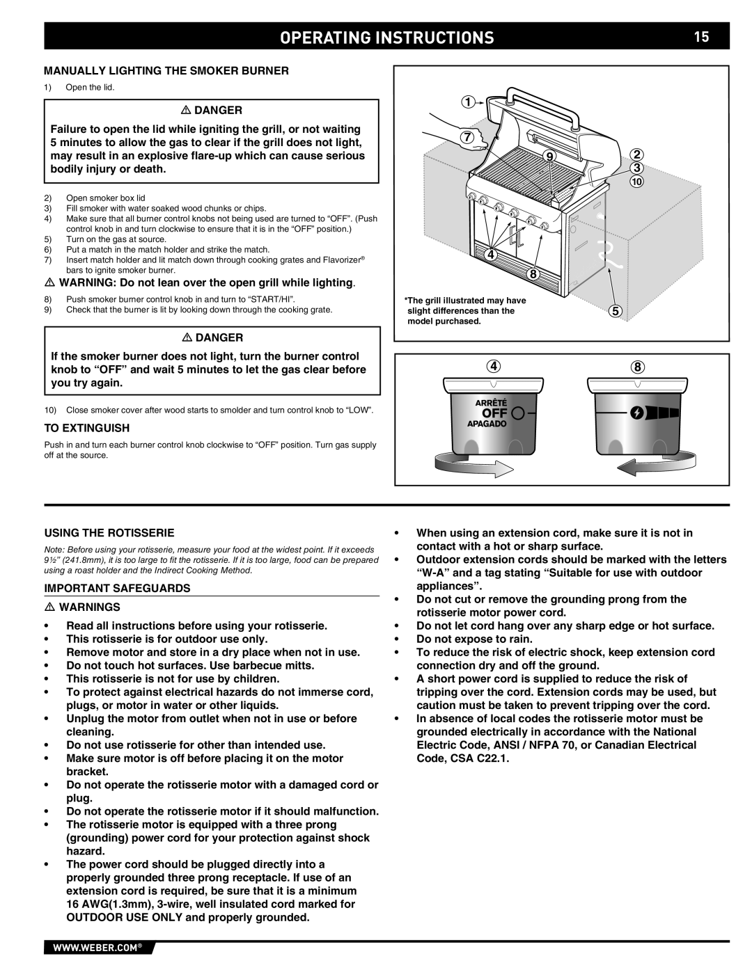 Weber 43146 manual Manually Lighting the Smoker Burner, Using the Rotisserie Important Safeguards 