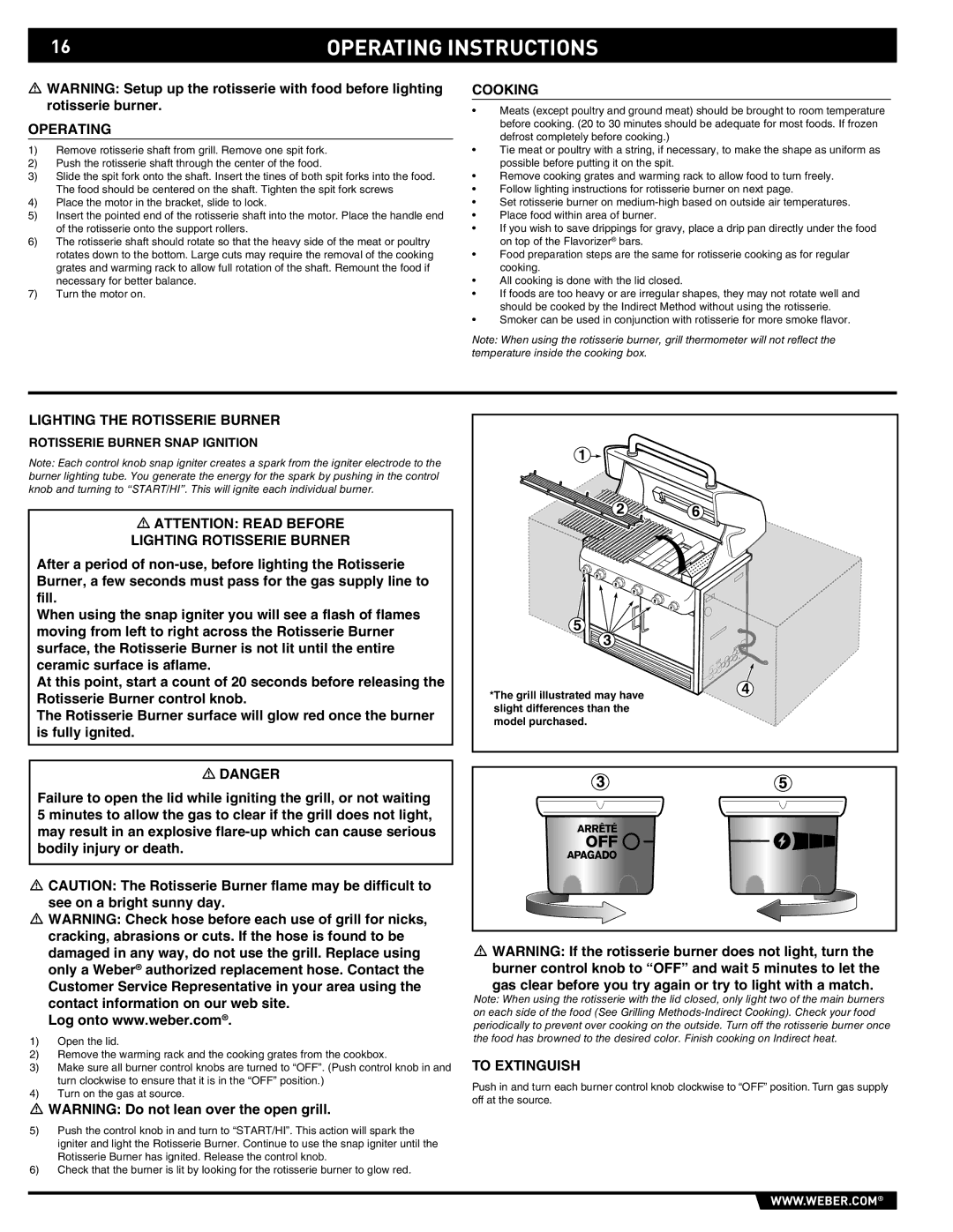 Weber 43146 manual Cooking, Lighting the Rotisserie Burner, Lighting Rotisserie Burner, Rotisserie Burner Snap Ignition 