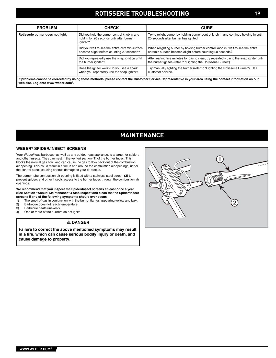 Weber 43146 manual Rotisserie Troubleshooting, Maintenance, Weber SPIDER/INSECT Screens 