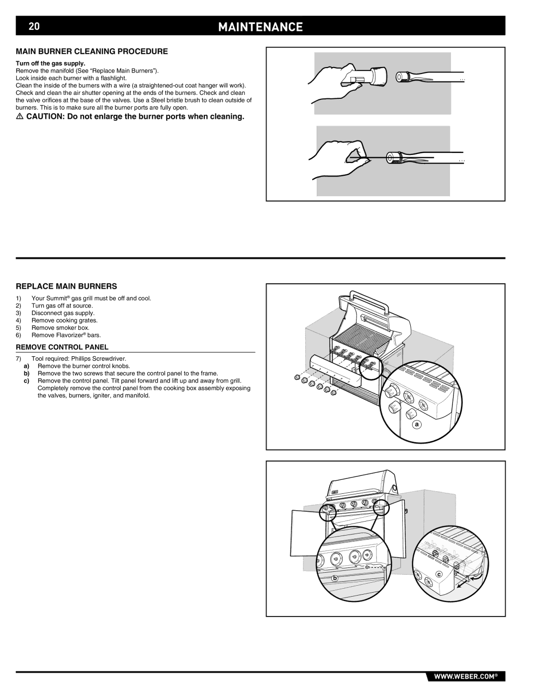 Weber 43146 manual 20MAINTENANCE, Main Burner Cleaning Procedure, Replace Main Burners, Remove Control Panel 