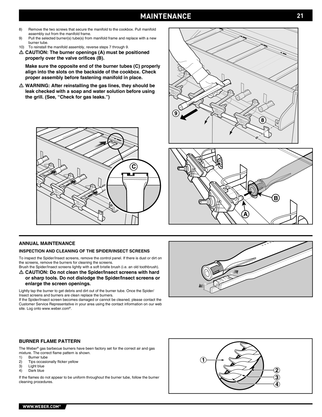 Weber 43146 MAINTENANCE21, Annual Maintenance, Burner Flame Pattern, Inspection and Cleaning of the SPIDER/INSECT Screens 