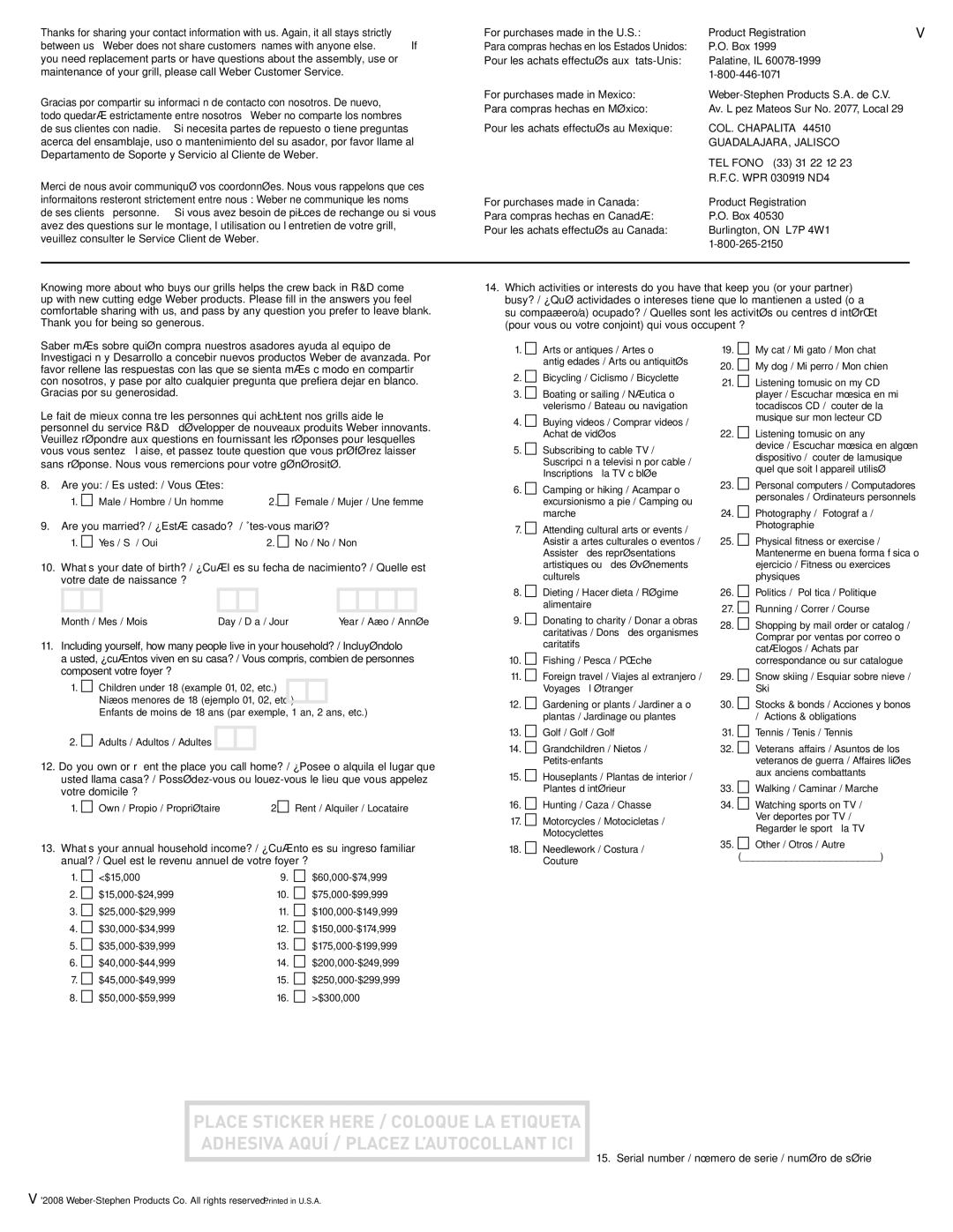 Weber 43146 manual For purchases made in the U.S 