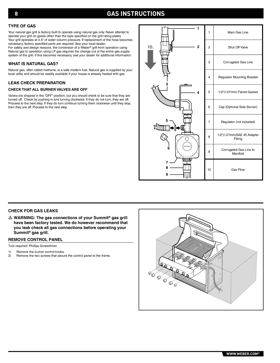 Weber 43146 manual Type of GAS, What is Natural GAS?, Leak Check Preparation, Check for GAS Leaks Remove Control Panel 