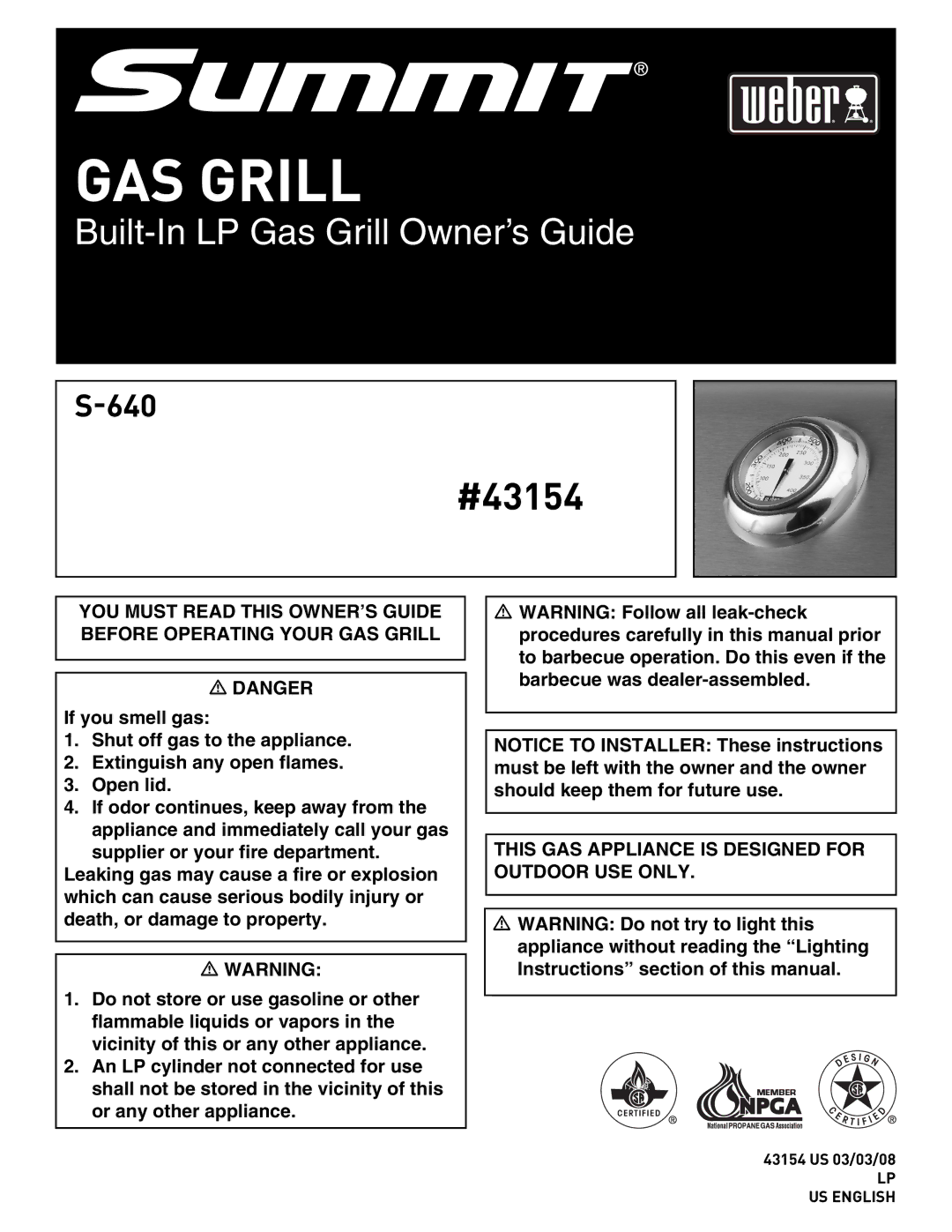 Weber 43154 manual GAS Grill 