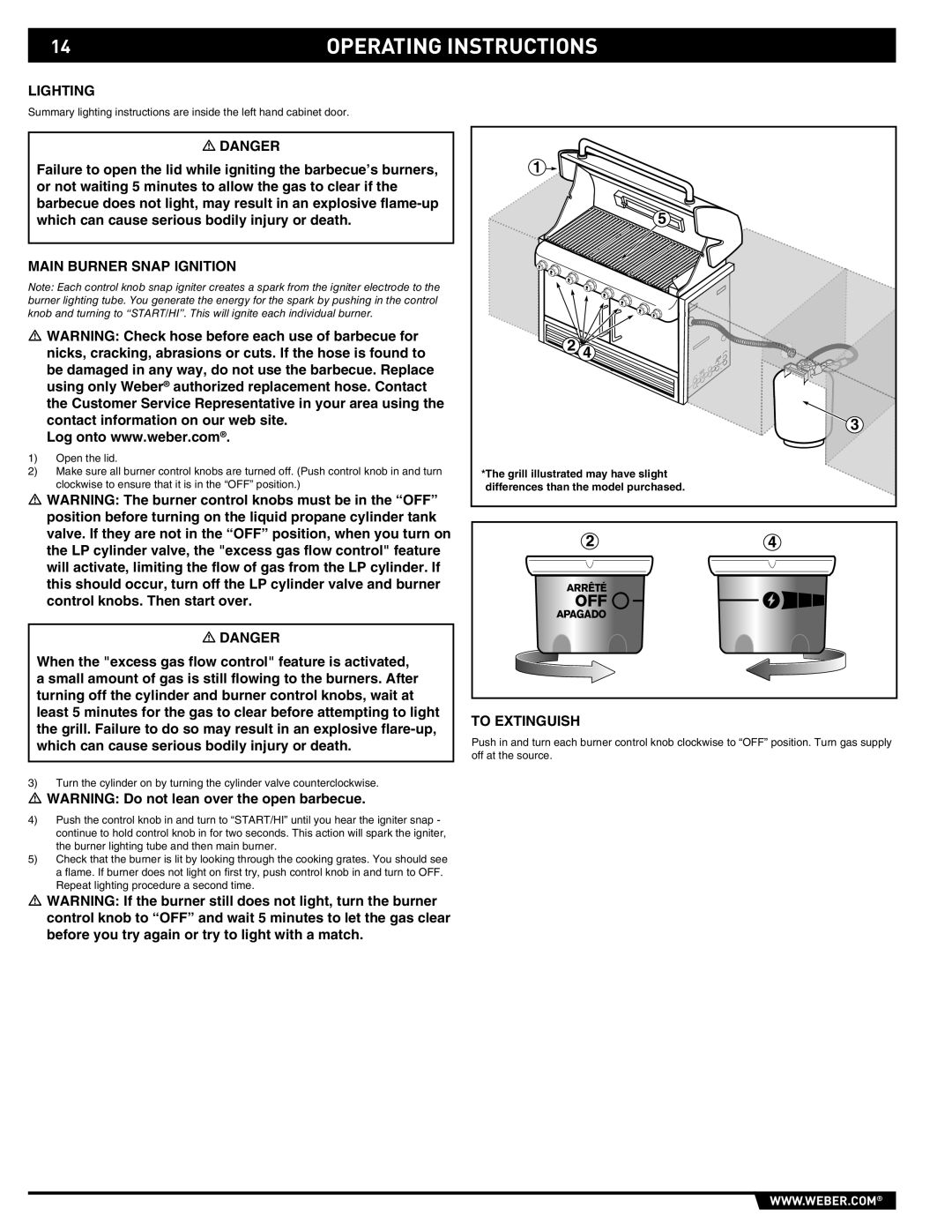 Weber 43154 manual Operating Instructions, Lighting, Main Burner Snap Ignition, To Extinguish 