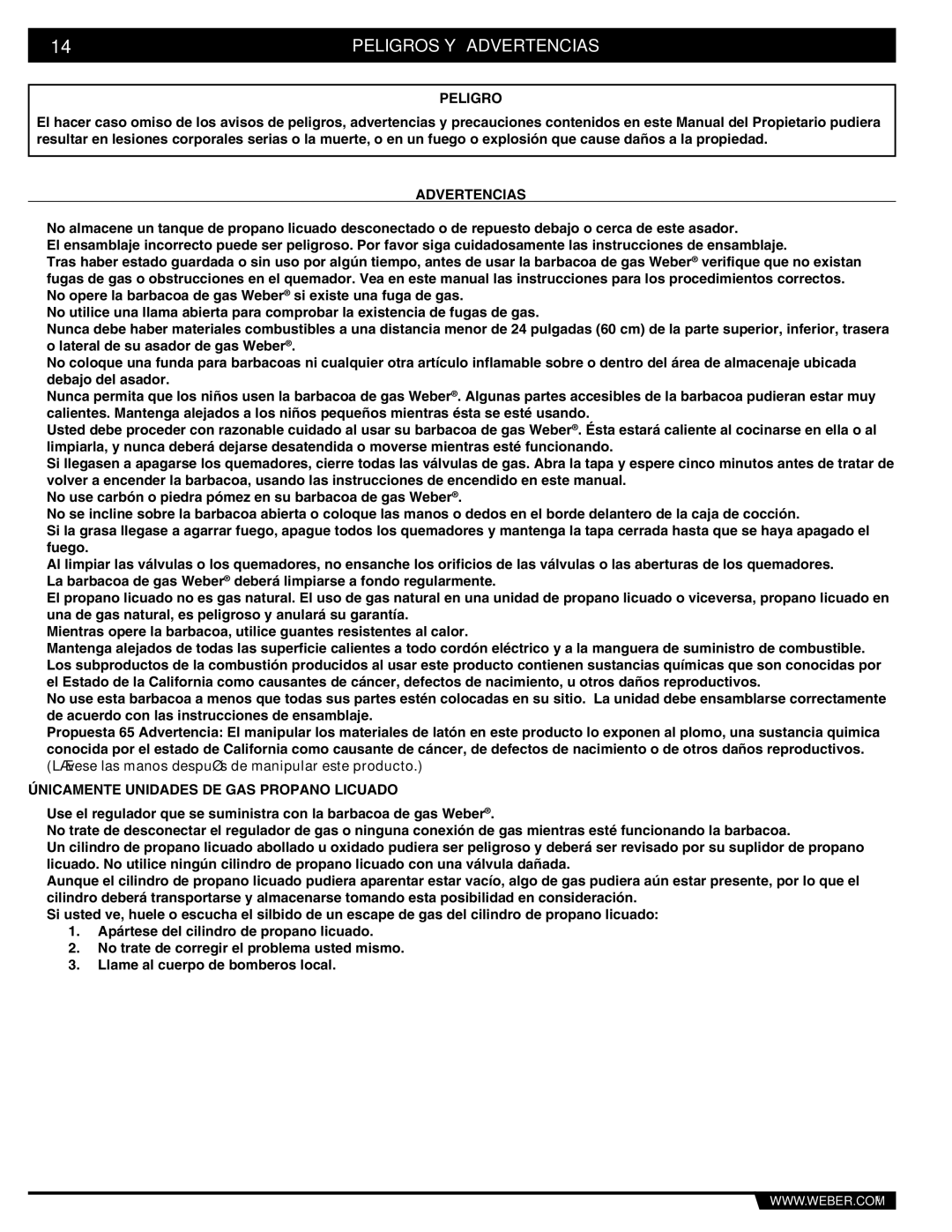 Weber 43176 manual Peligros Y Advertencias, Únicamente Unidades DE GAS Propano Licuado 