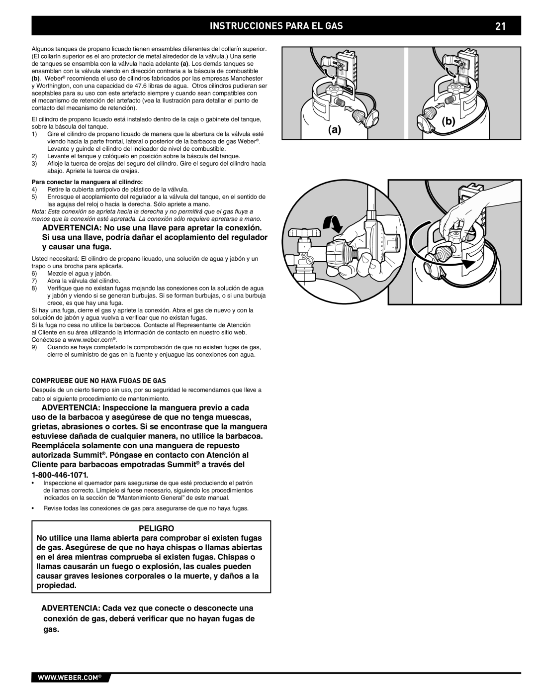 Weber 43176 manual Compruebe QUE no Haya Fugas DE GAS, Para conectar la manguera al cilindro 