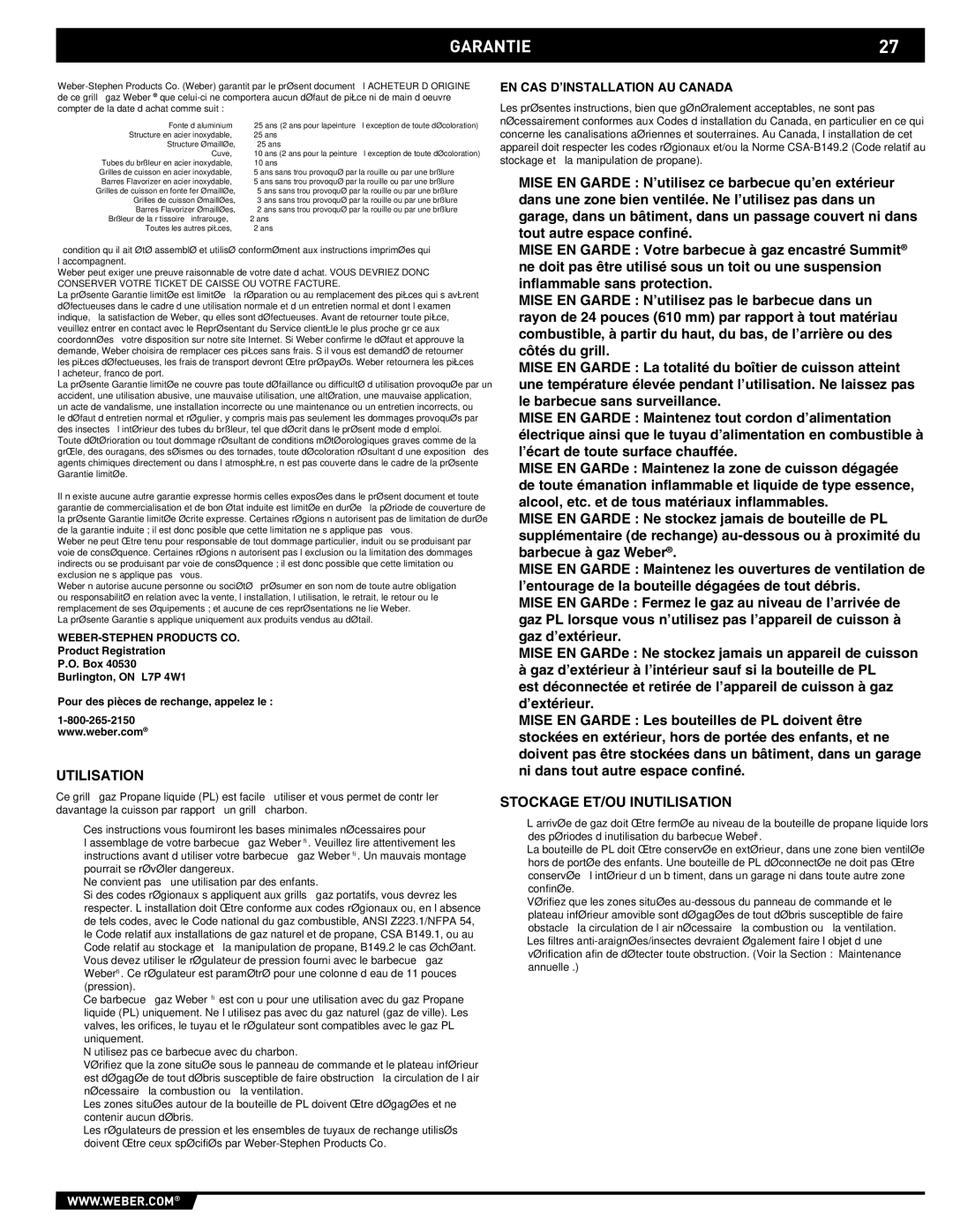 Weber 43176 manual Garantie, Utilisation, Stockage ET/OU Inutilisation, EN CAS D’INSTALLATION AU Canada 