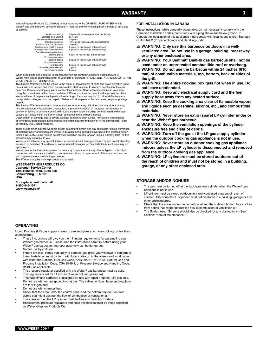 Weber 43176 manual Warranty, Storage AND/OR Nonuse, Operating, For Installation in Canada 