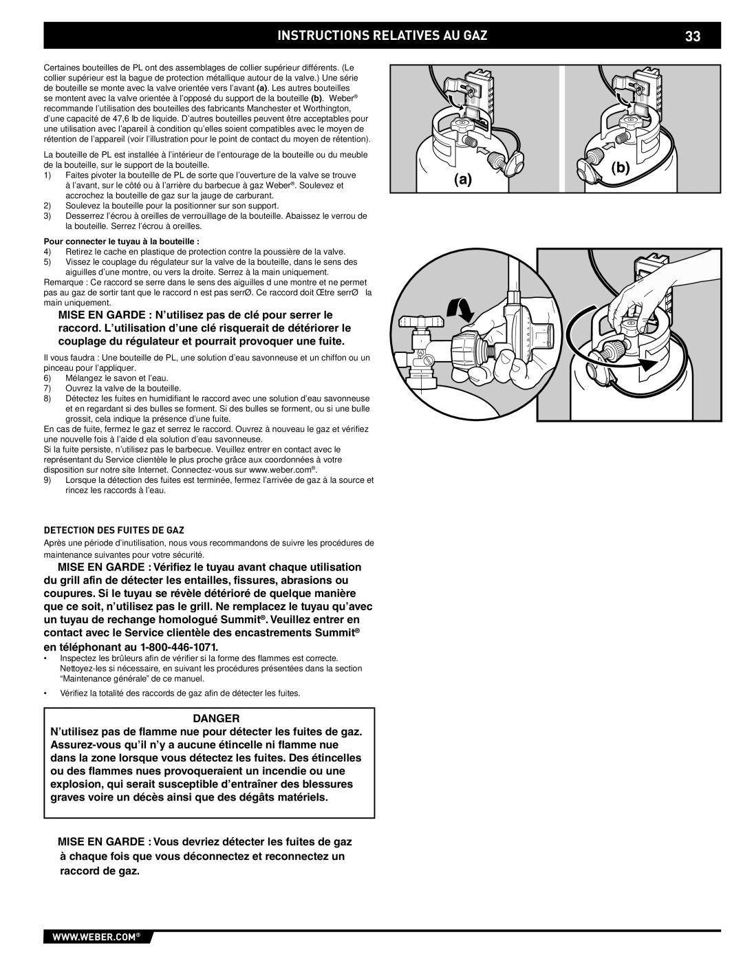 Weber 43176 manual Detection DES Fuites DE GAZ, Pour connecter le tuyau à la bouteille 