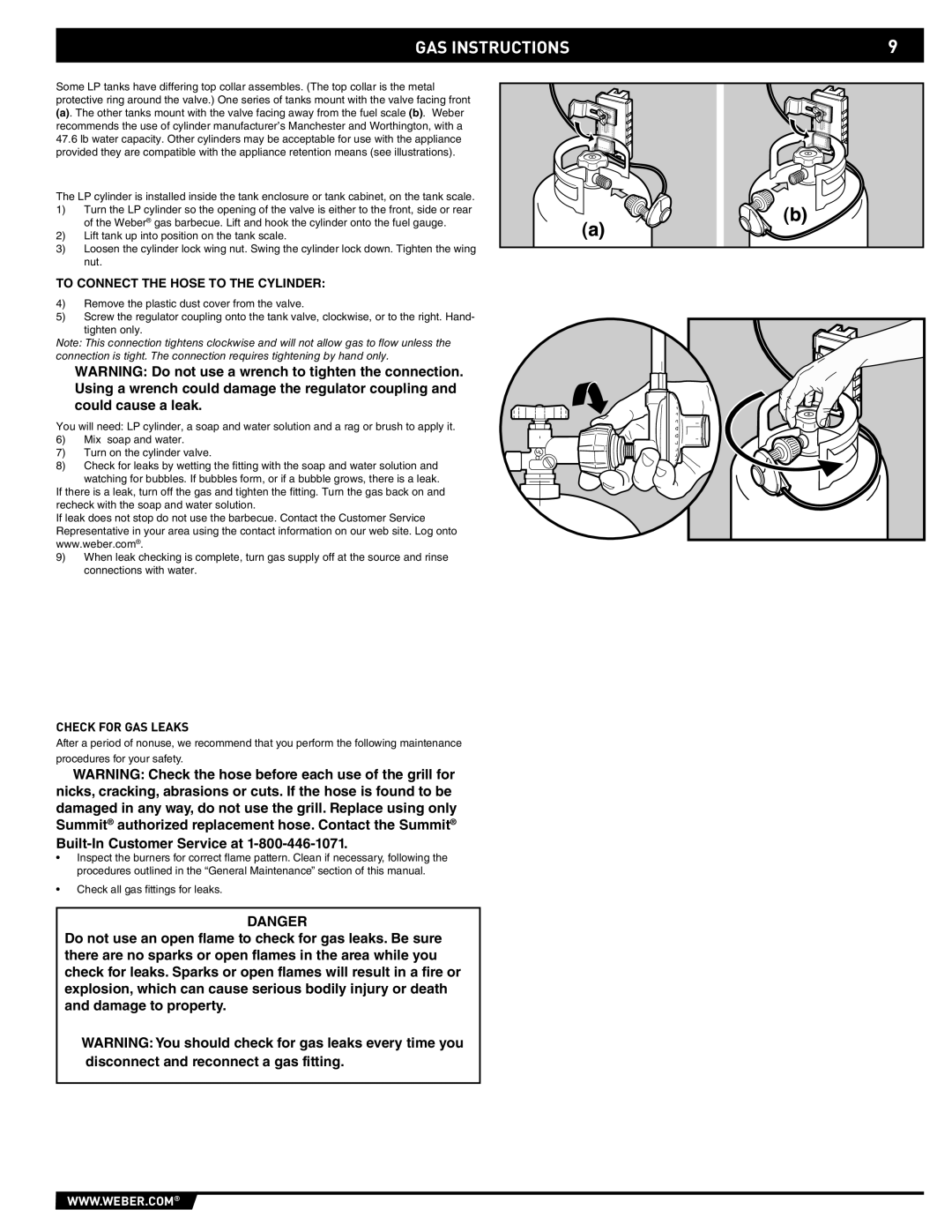 Weber 43176 manual To Connect the Hose to the Cylinder, Check for GAS Leaks 