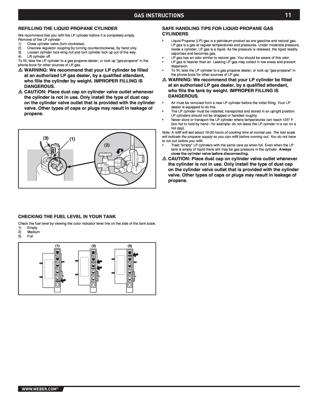 Weber 43176 manual Gas Instructions, Refilling The Liquid Propane Cylinder 