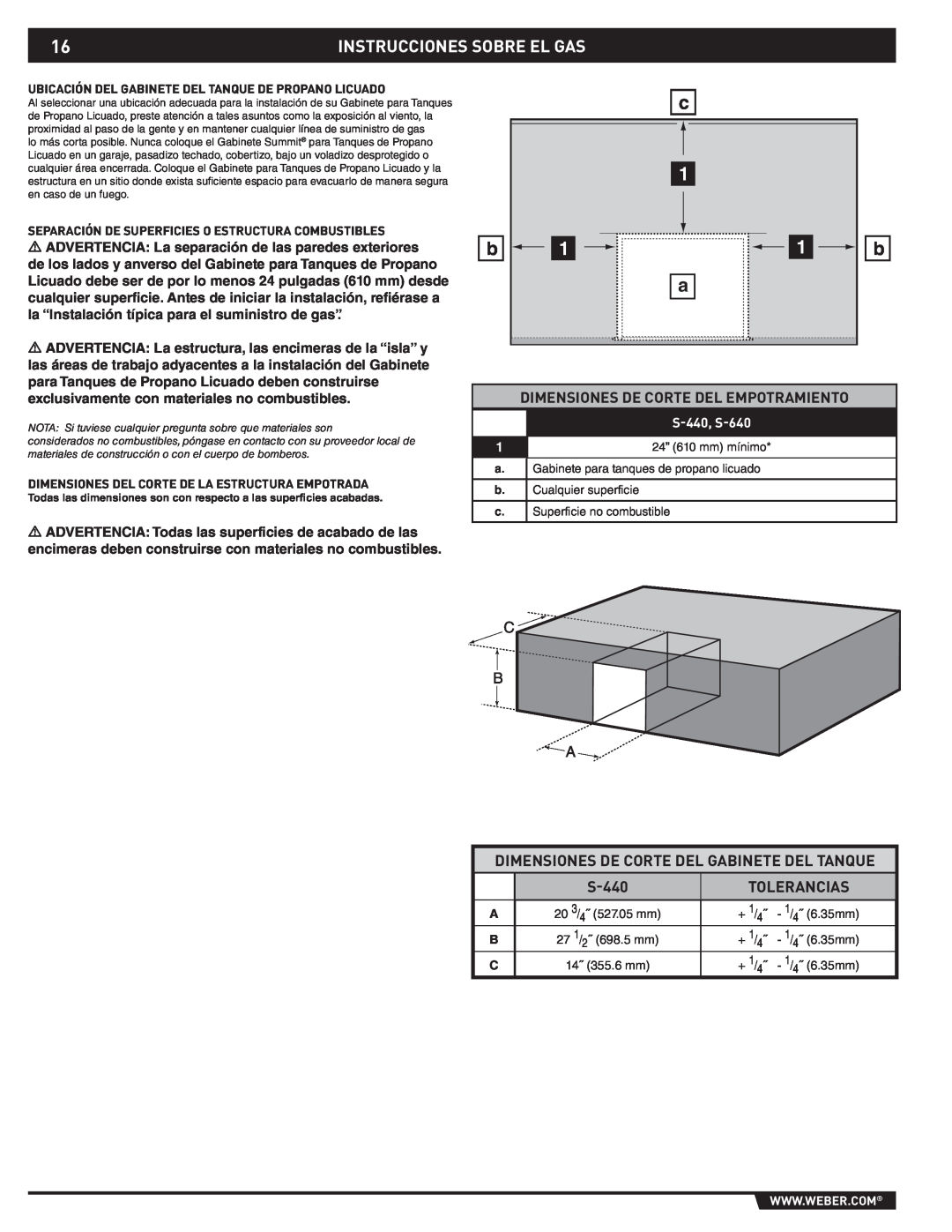 Weber 43176 manual Instrucciones Sobre El Gas, Dimensiones De Corte Del Empotramiento, Tolerancias, S-440, S-640 
