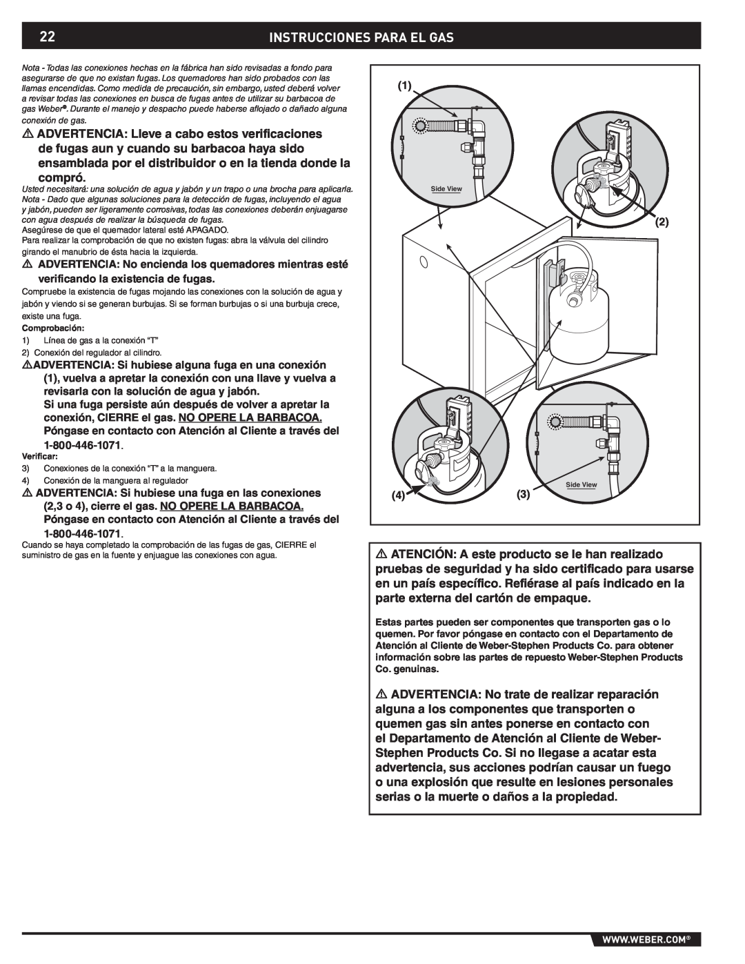 Weber 43176 manual Instrucciones Para El Gas, Asegúrese de que el quemador lateral esté APAGADO, Comprobación, Verificar 