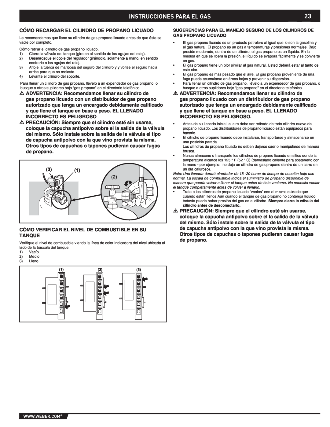 Weber 43176 manual Instrucciones Para El Gas, Cómo Recargar El Cilindro De Propano Licuado 
