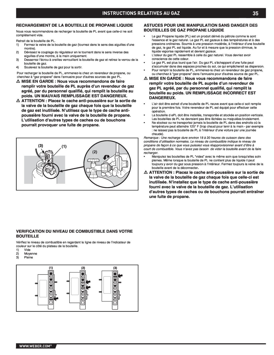 Weber 43176 manual Instructions Relatives Au Gaz, Rechargement De La Bouteille De Propane Liquide 
