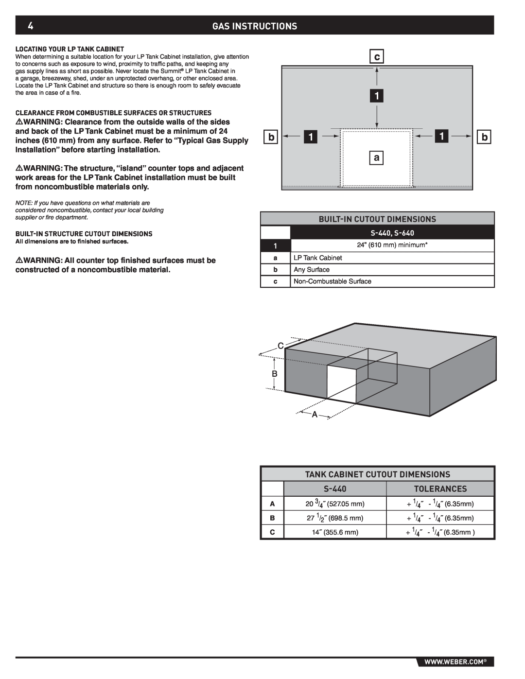 Weber 43176 Gas Instructions, Built-Incutout Dimensions, Tank Cabinet Cutout Dimensions, Tolerances, S-440, S-640 