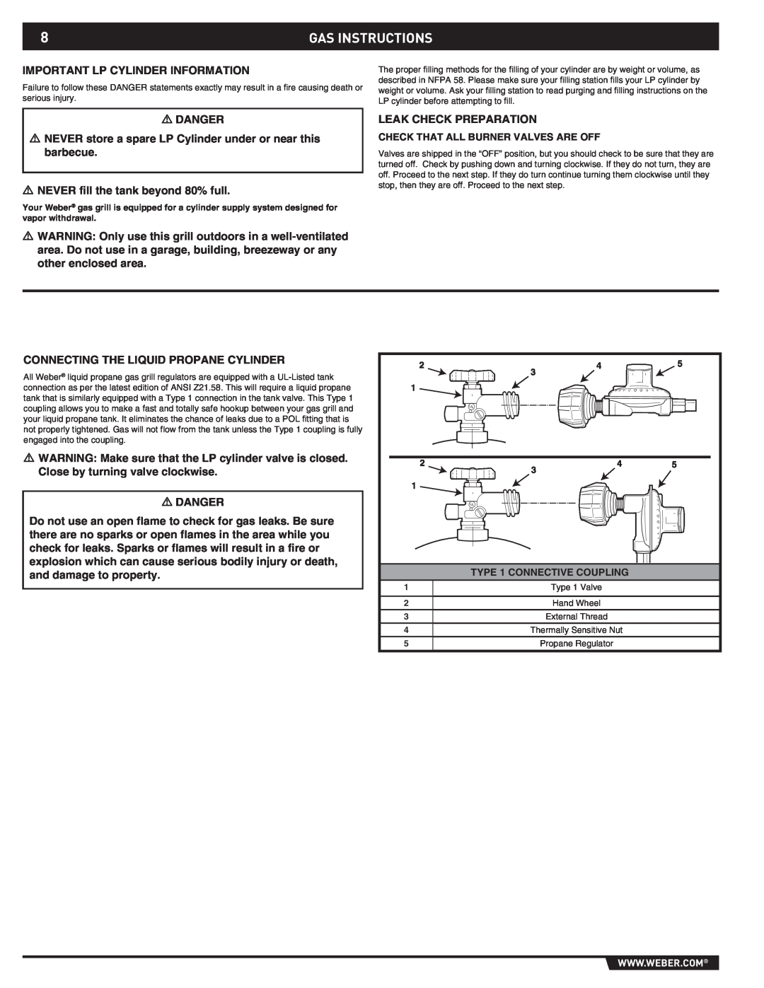 Weber 43176 manual Gas Instructions, Important Lp Cylinder Information 