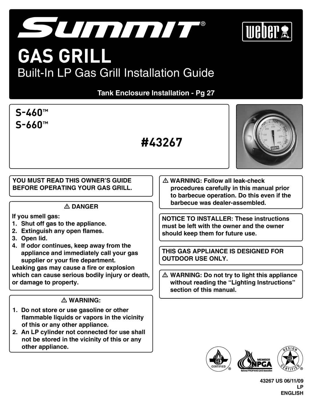 Weber 43267 manual Gas Grill 