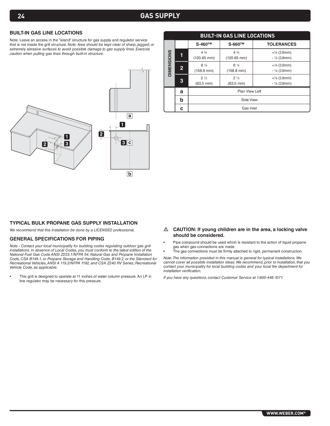 Weber 43267 Built-in gas line locations, Typical bulk propane gas supply Installation, General Specifications for Piping 