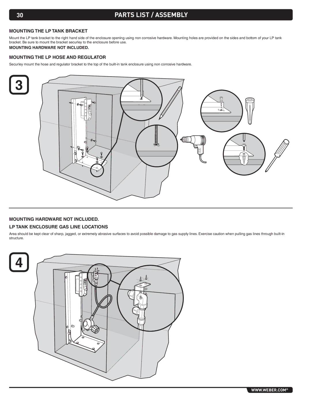 Weber 43267 manual Mounting the LP tank Bracket, Mounting the LP hose and regulator 