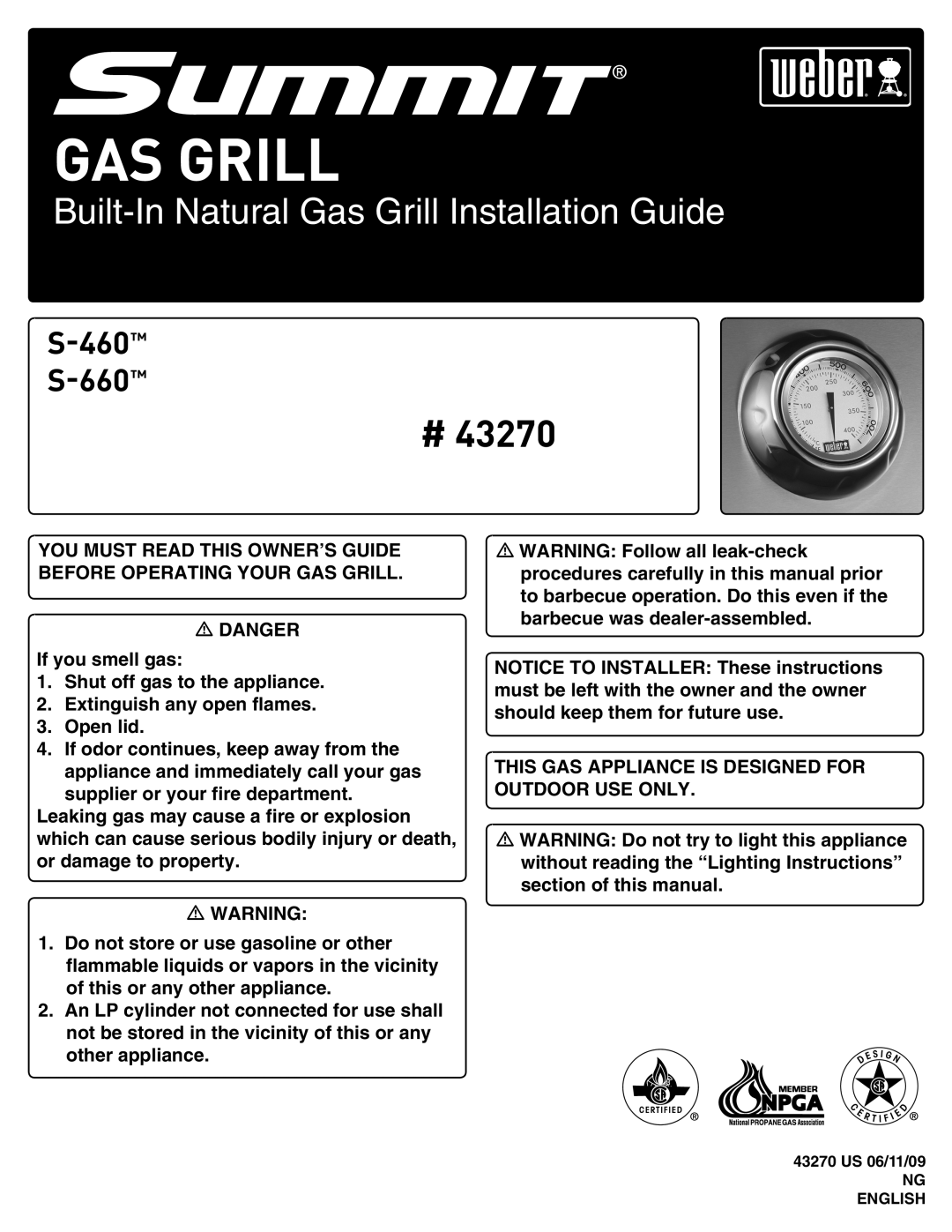Weber 43270 manual Built-In Natural Gas Grill Installation Guide, S-460 S-660 