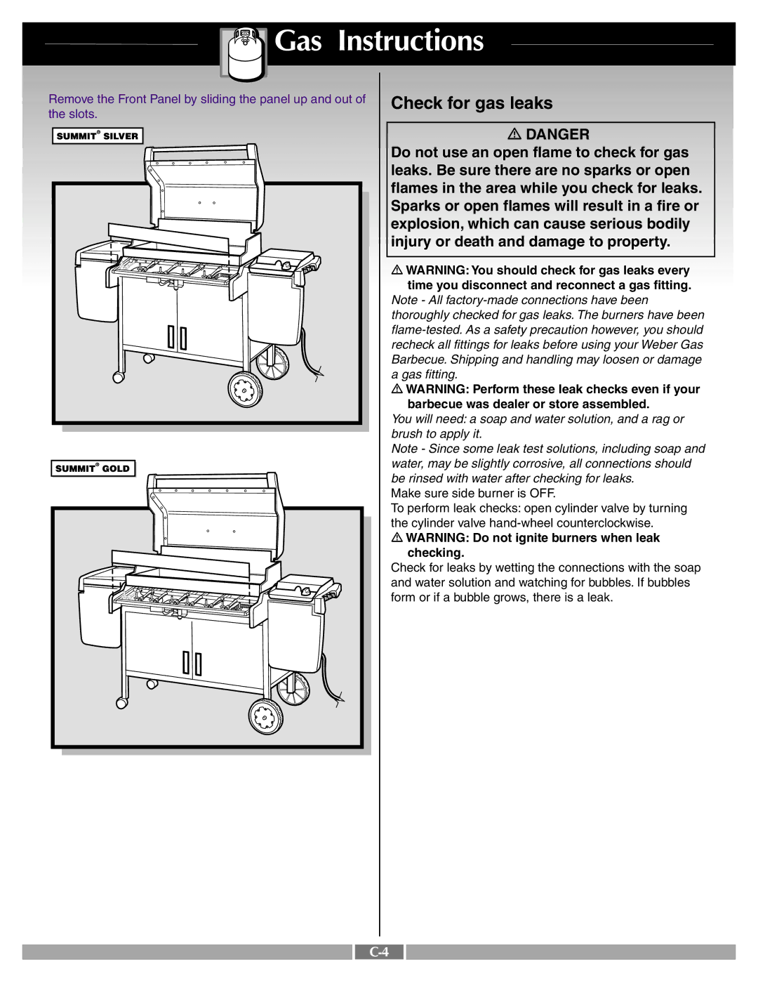 Weber 43720 manual Gas Instructions 