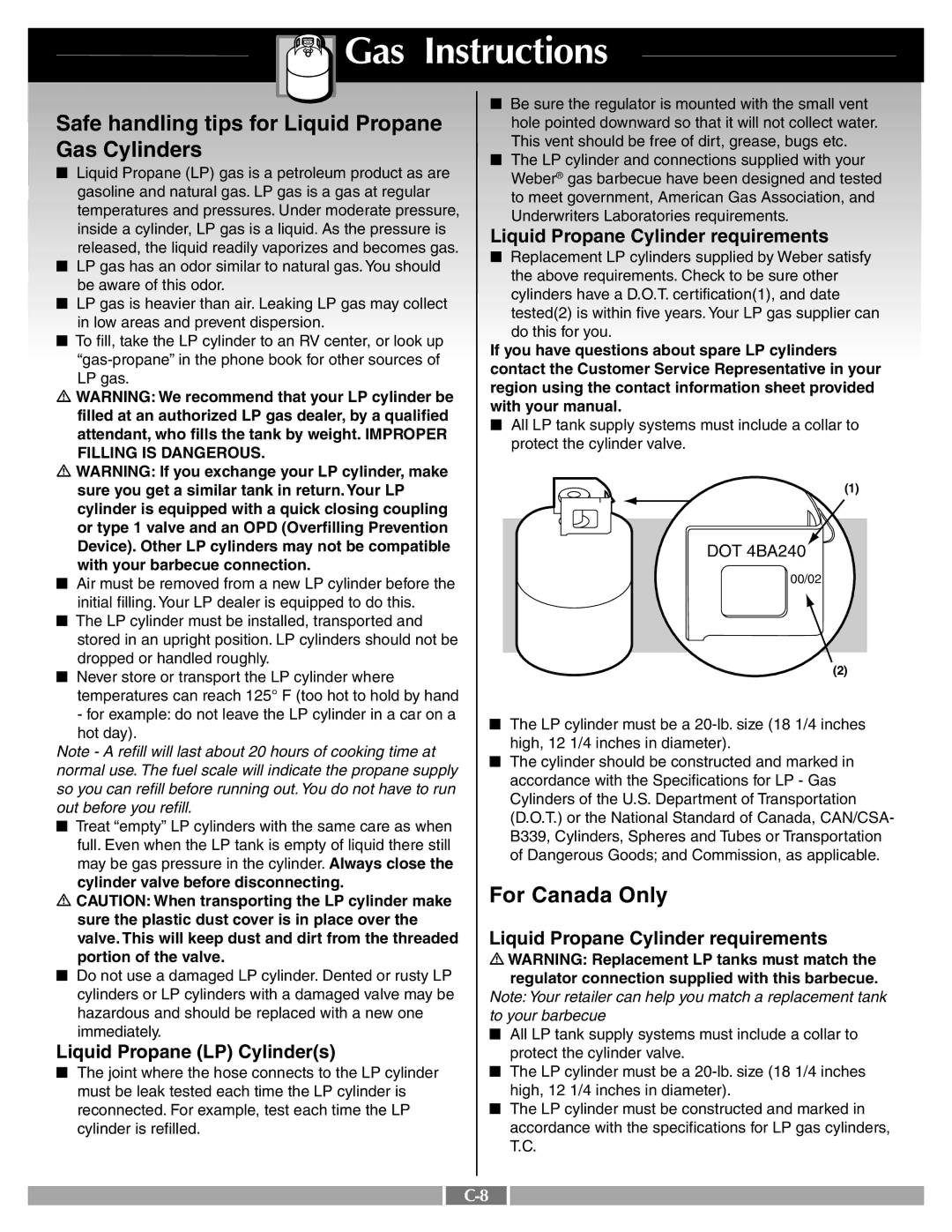 Weber 43720 manual Safe handling tips for Liquid Propane, Gas Cylinders, For Canada Only 