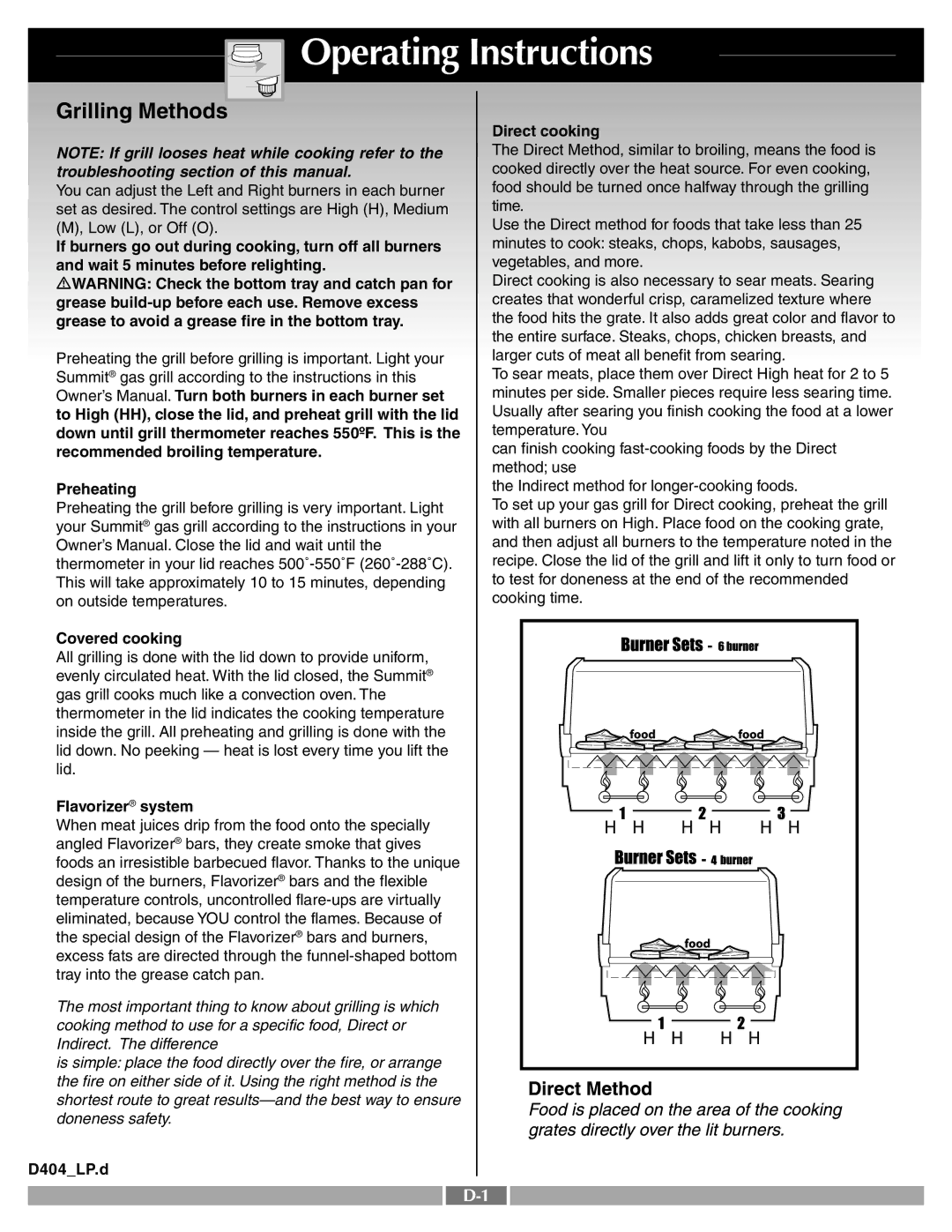 Weber 43720 manual Operating Instructions, Grilling Methods, Flavorizer system, D404LP.d Direct cooking 