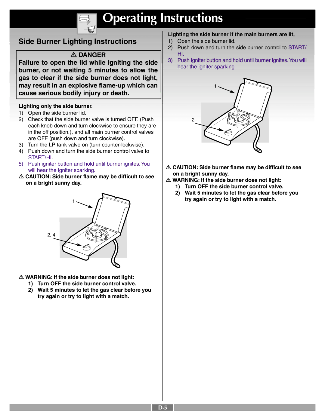 Weber 43720 manual Side Burner Lighting Instructions, Lighting only the side burner 