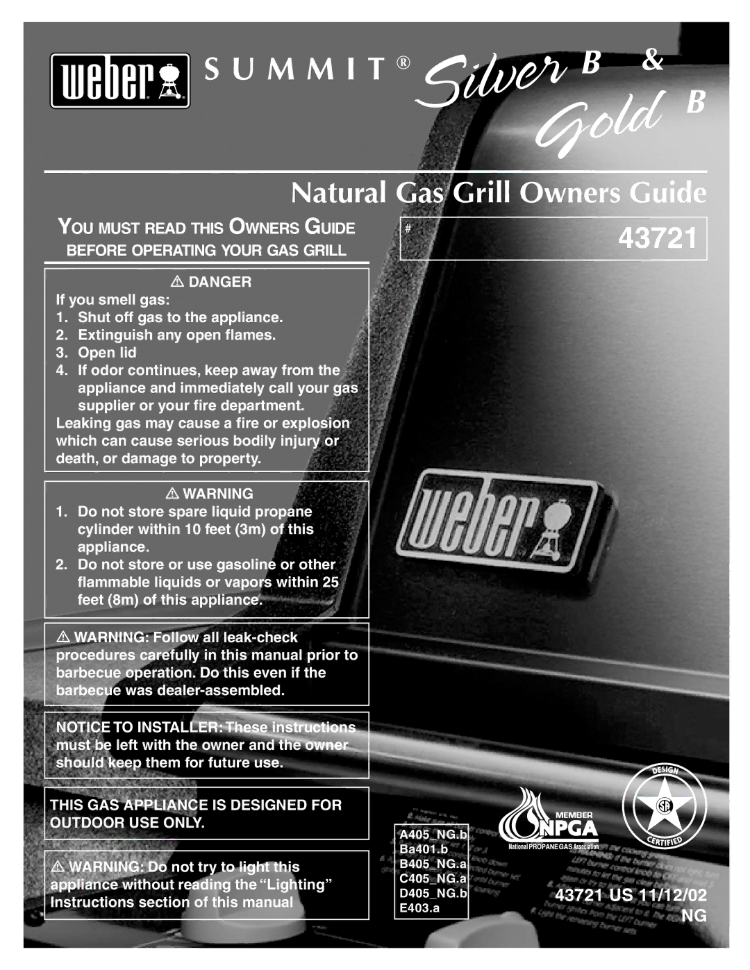 Weber 43721 manual M M I T, Natural Gas Grill Owners Guide 