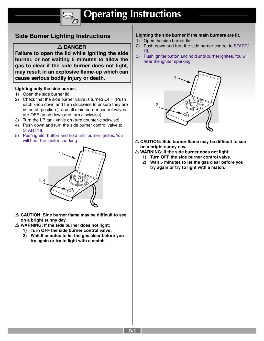 Weber 43721 manual Side Burner Lighting Instructions, Start/Hi 