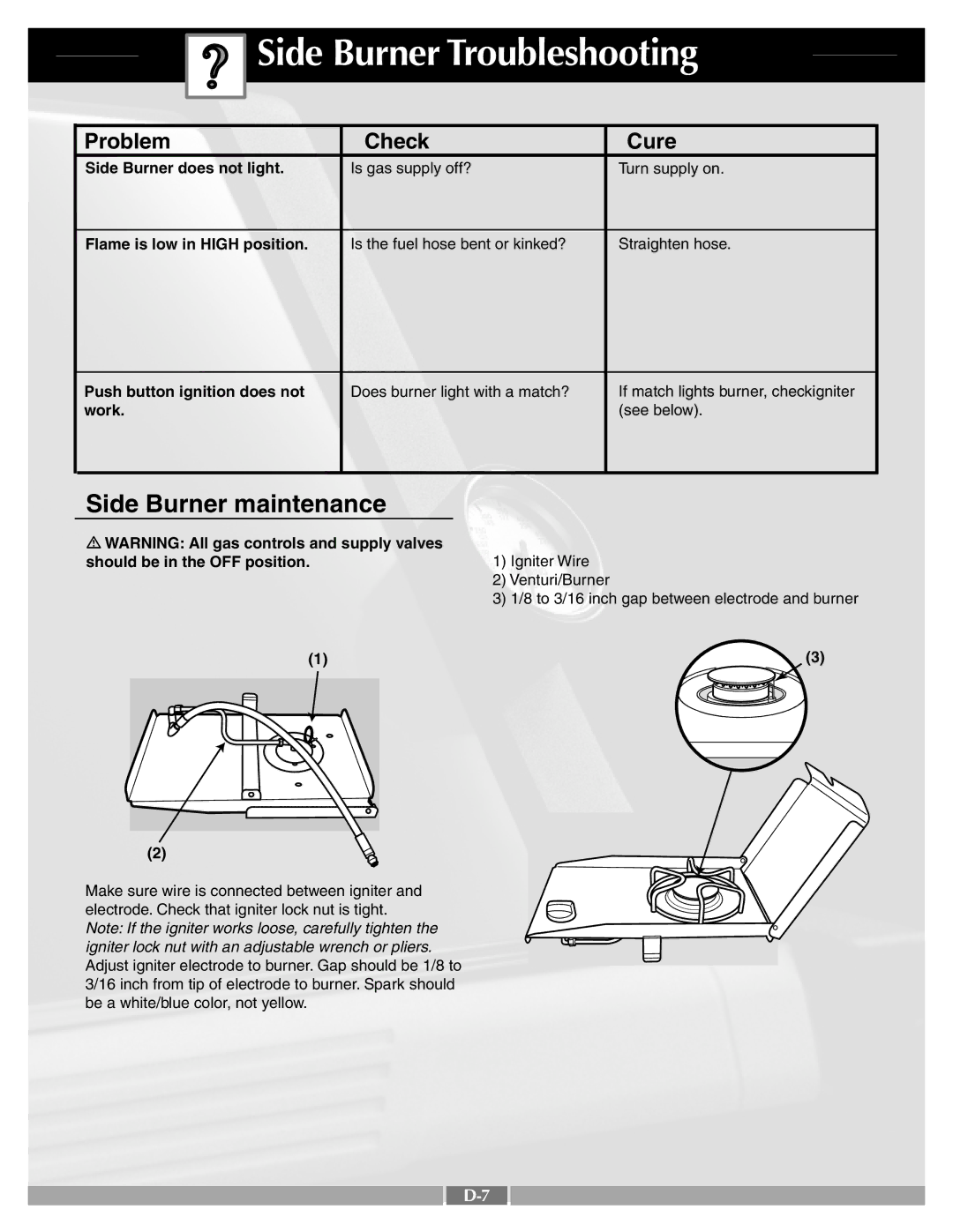 Weber 43721 manual Side Burner Troubleshooting, Side Burner maintenance 