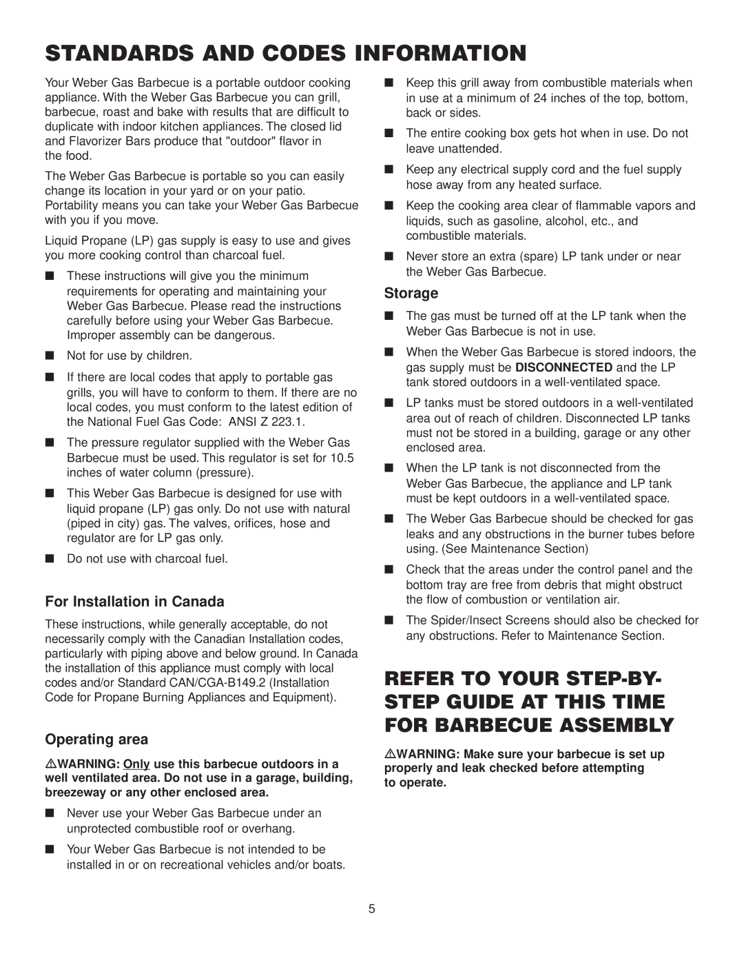 Weber 425, 450 manual Standards and Codes Information, For Installation in Canada, Operating area, Storage 