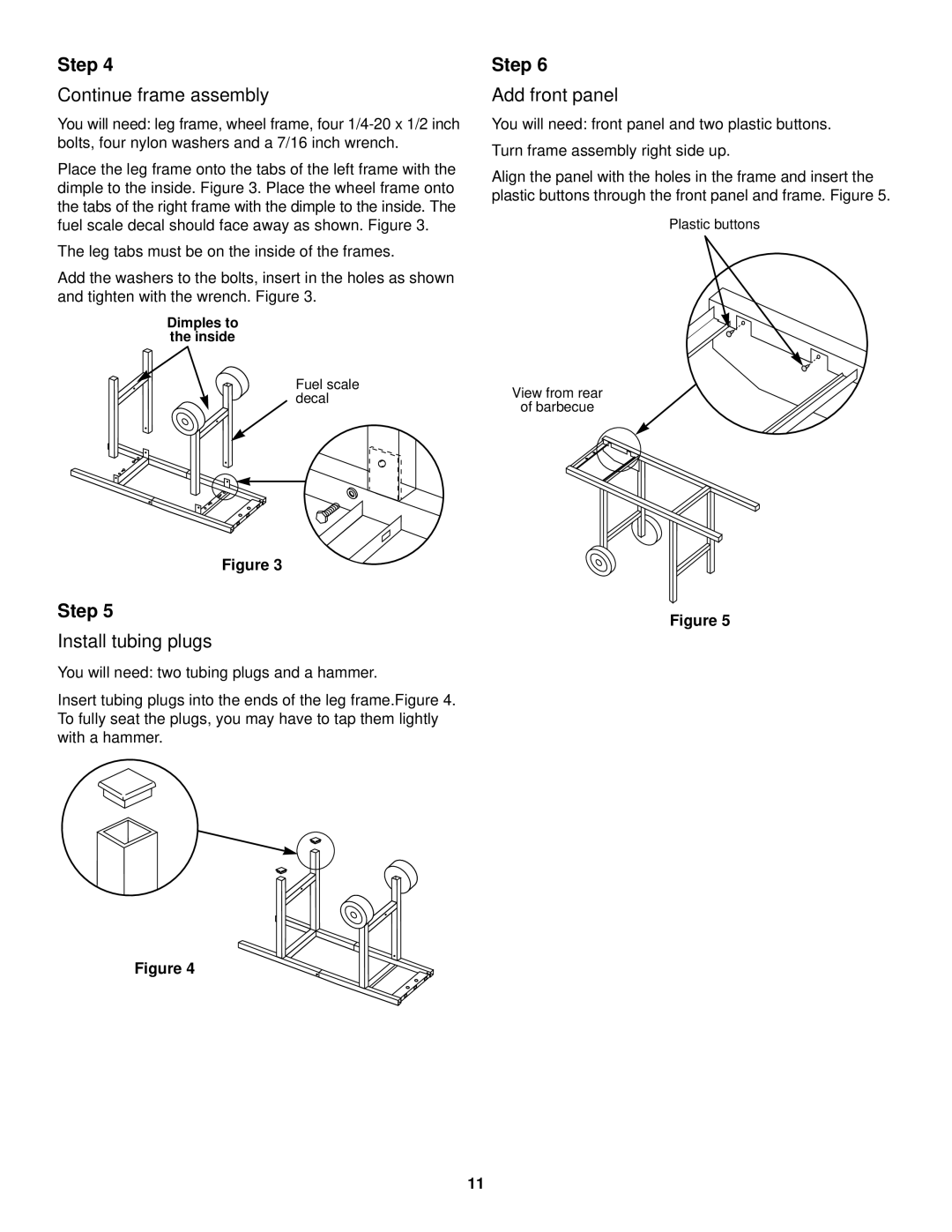 Weber 500 LX Series owner manual Continue frame assembly, Install tubing plugs, Add front panel 