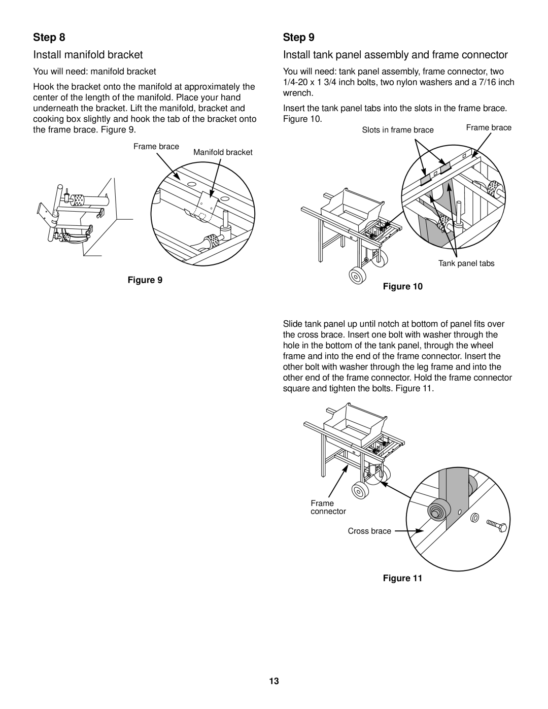 Weber 500 LX Series owner manual Install manifold bracket, Install tank panel assembly and frame connector 