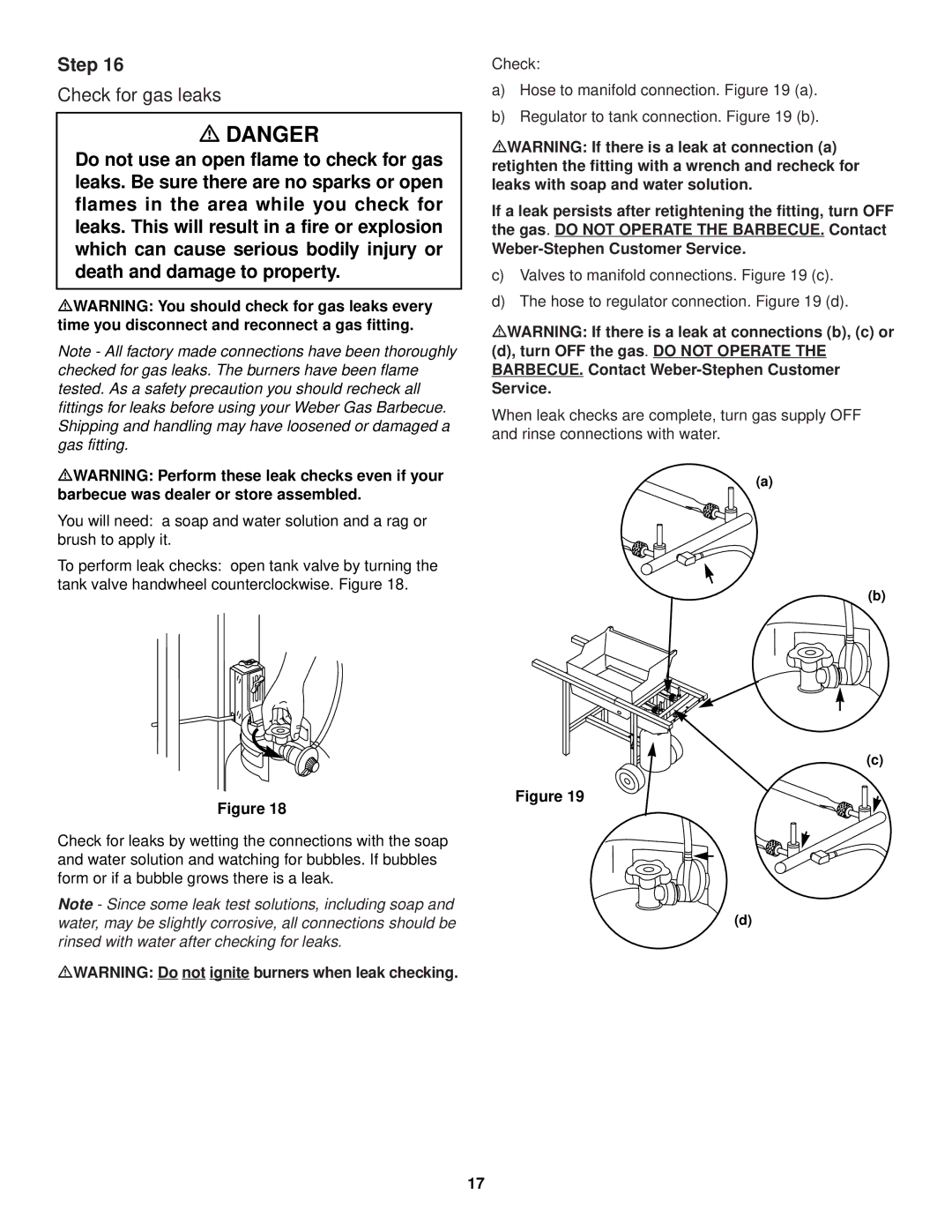 Weber 500 LX Series owner manual Check for gas leaks, MWARNING Do not ignite burners when leak checking 