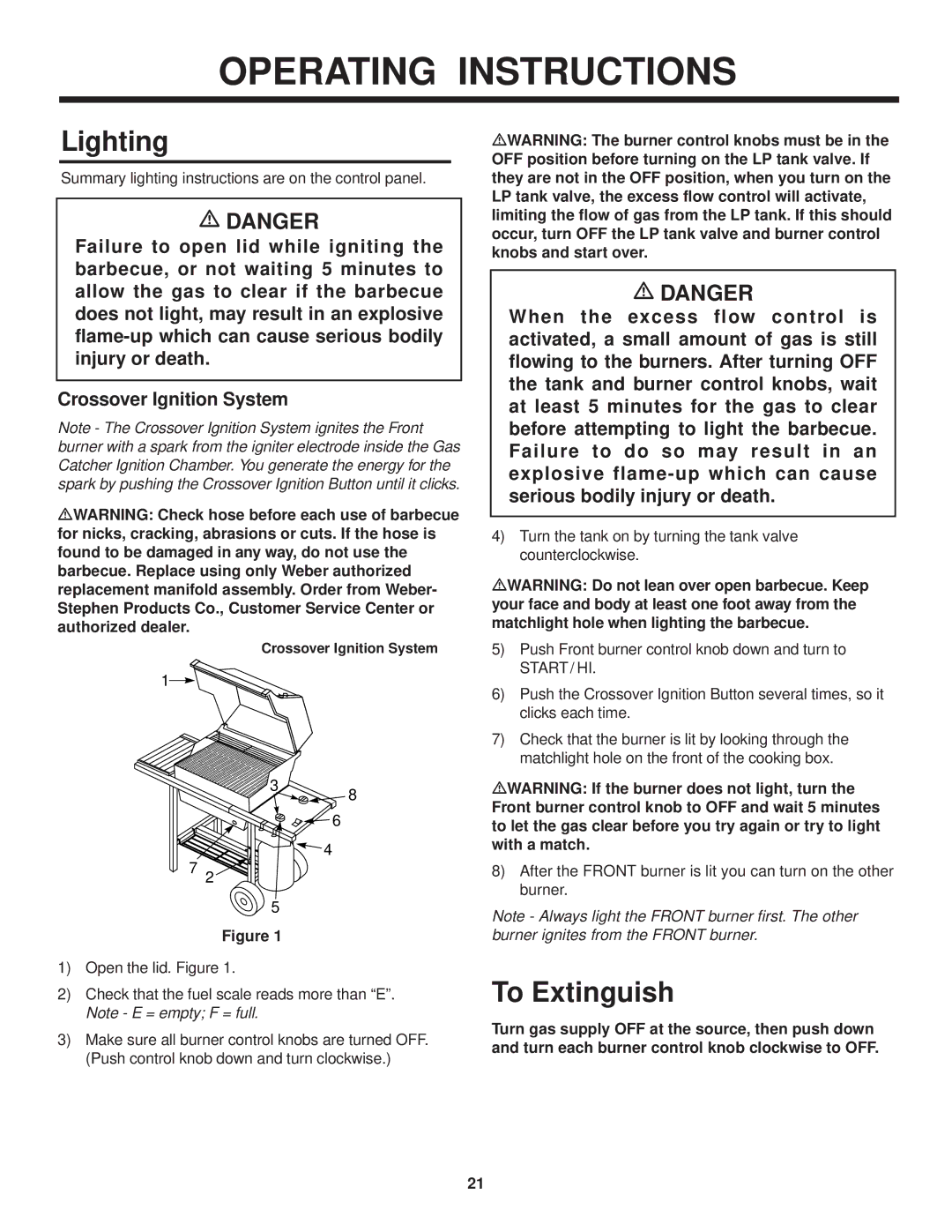 Weber 500 LX Series owner manual Lighting, To Extinguish 