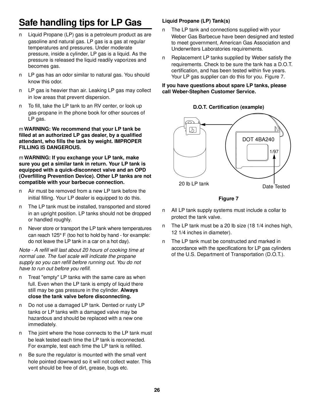 Weber 500 LX Series owner manual Safe handling tips for LP Gas, DOT 4BA240 