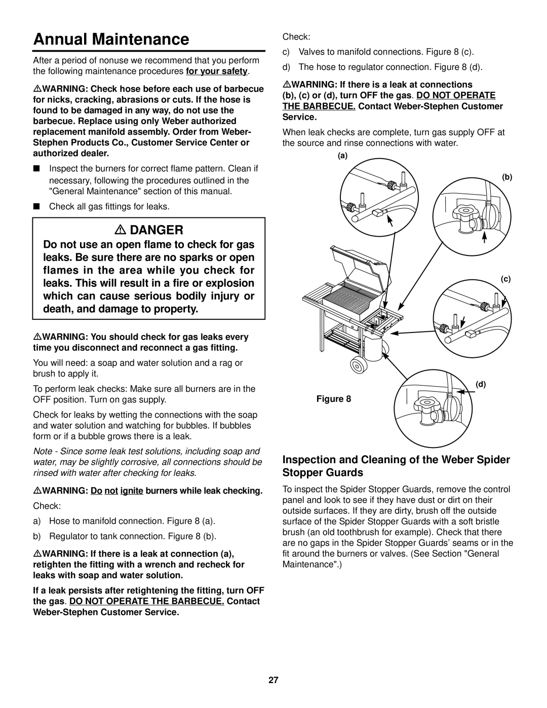 Weber 500 LX Series owner manual Annual Maintenance, Inspection and Cleaning of the Weber Spider Stopper Guards 