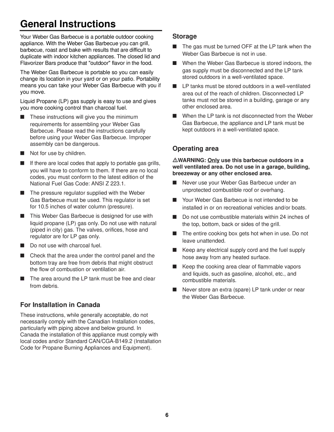 Weber 500 LX Series owner manual General Instructions, For Installation in Canada, Storage, Operating area 