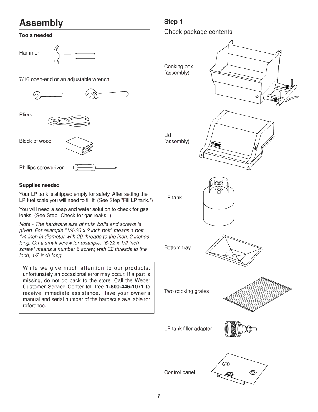 Weber 500 LX Series owner manual Assembly, Step, Check package contents 