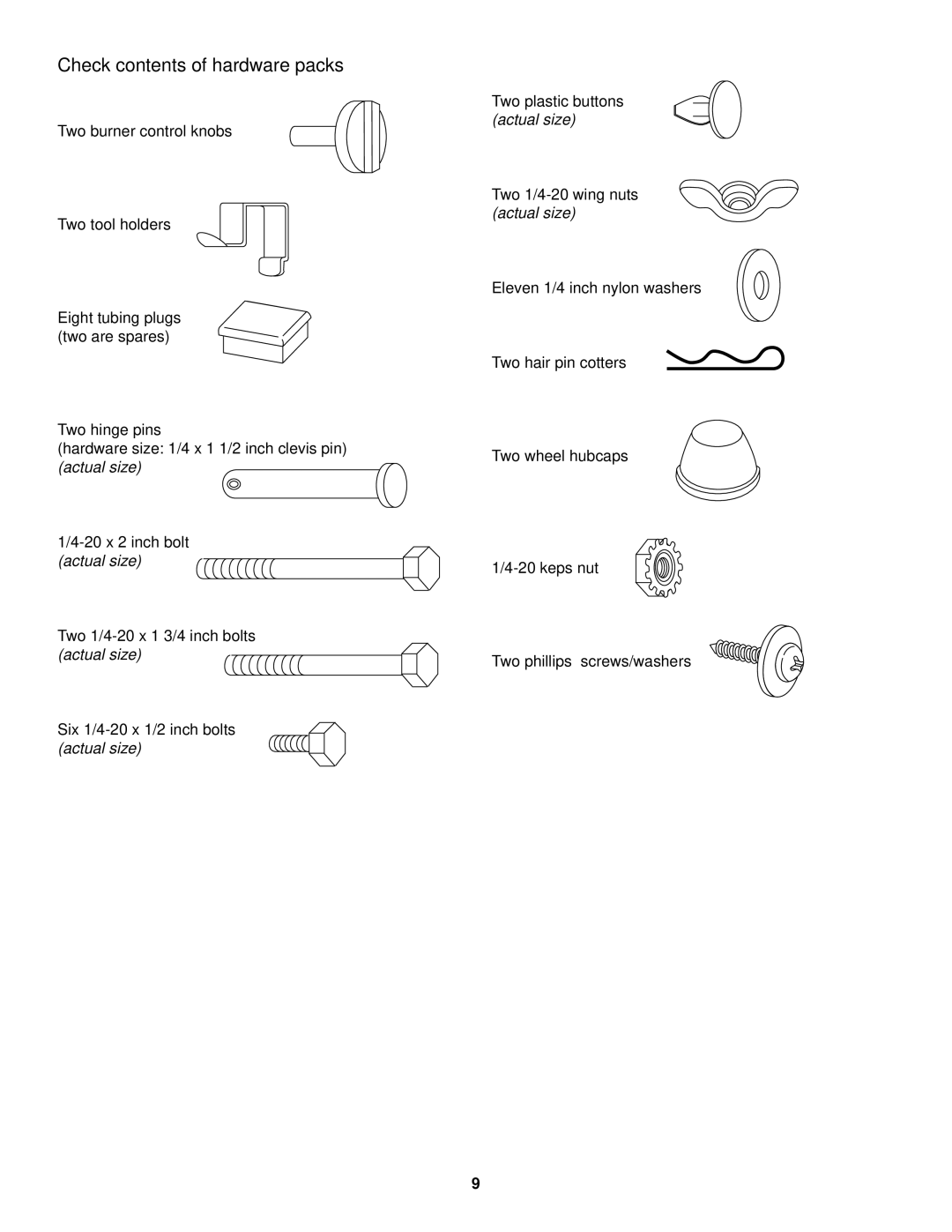 Weber 500 LX Series owner manual Check contents of hardware packs 